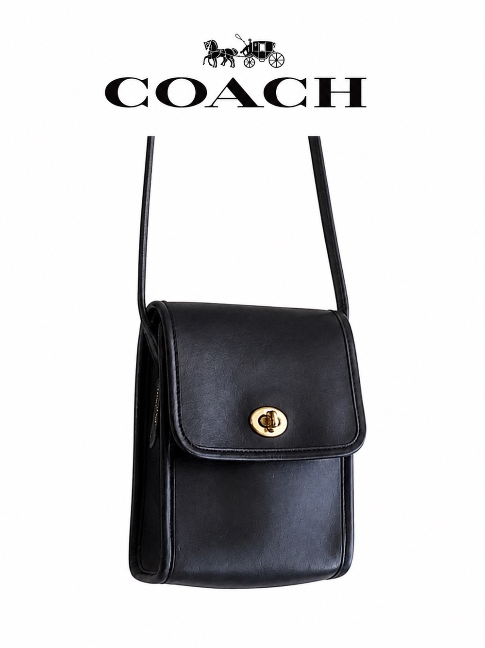 Vintage Coach Black scooter Leather Crossbody Bag with Gold TurnLock, 0097-219